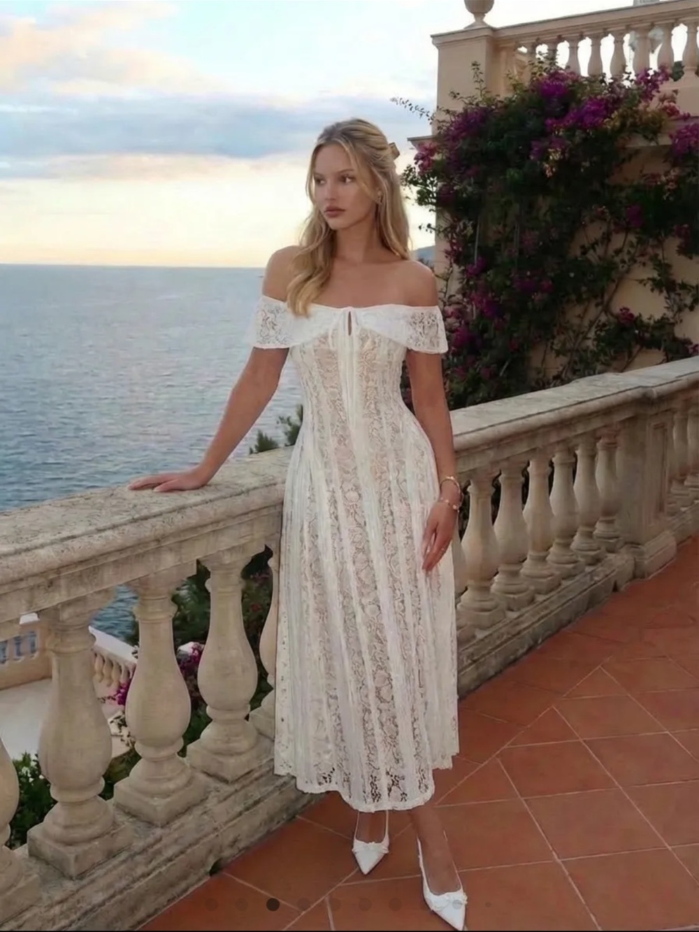 Cider LACE SCULPTURAL OFF-SHOULDER KNOTTED FLARED MAXI DRESS - Picture 3 of 8